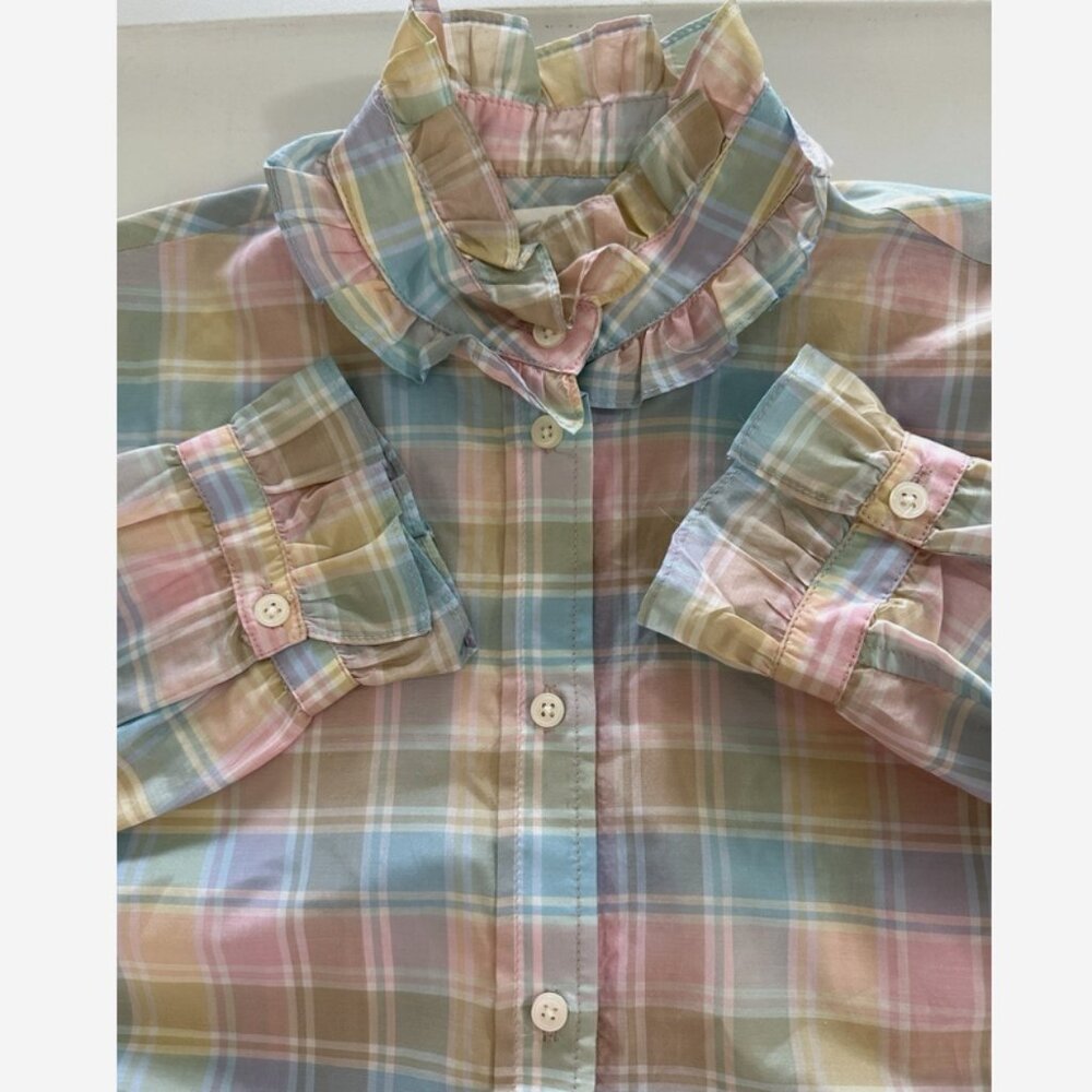 J. CREW Pastel Plaid Ruffle Neck Shirt NWT Size 6 Cotton Silk Twee